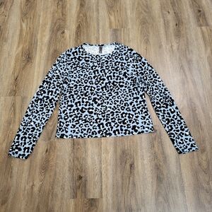ALYA Women's Top Long-Sleeve Leopard Cheetah Print Blue Cropped Size Medium Slim